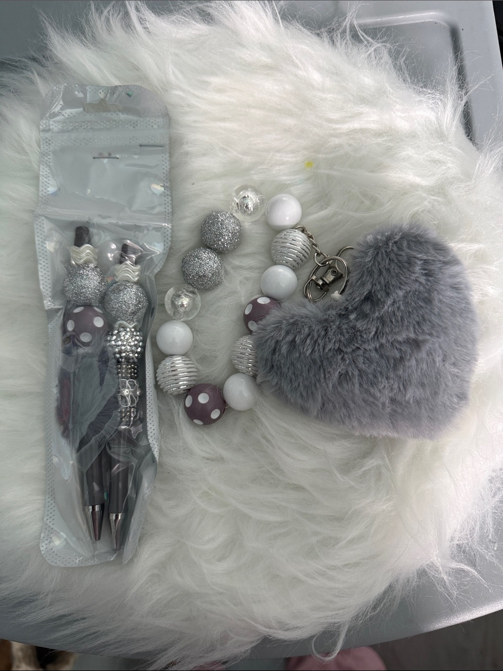 Gray Fuzzy Heart Keychain with Beaded Bracelet and Polka Dot Accents